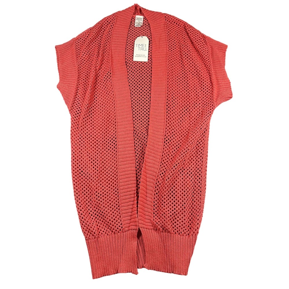 Time And Tru Swim Cover Up Womens S-M Pink Crochet Open Knit Short Sleeve NWT